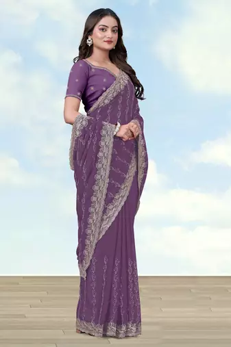 Lavender georgette embroidery work saree with unstitched blouse piece