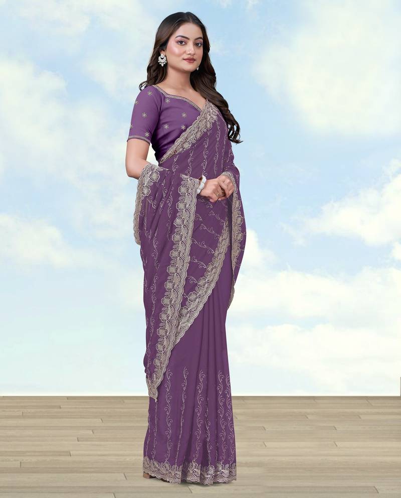 Lavender georgette embroidery work saree with unstitched blouse piece