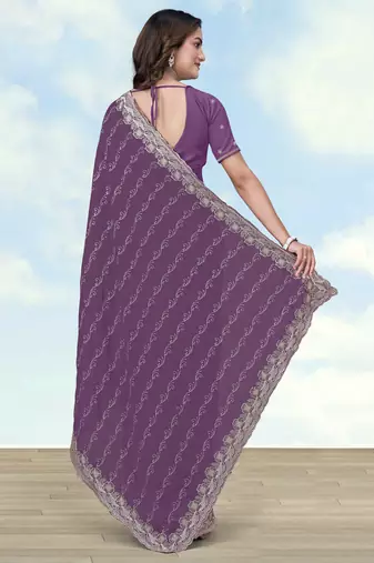 Lavender georgette embroidery work saree with unstitched blouse piece