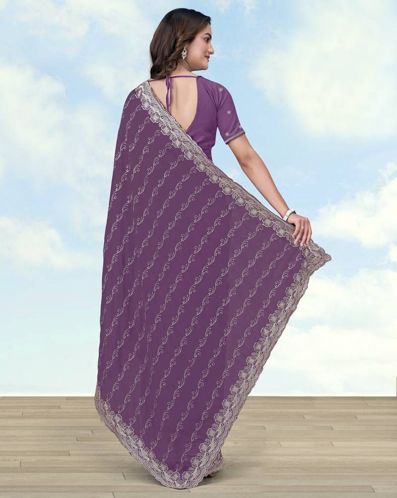 Lavender georgette embroidery work saree with unstitched blouse piece