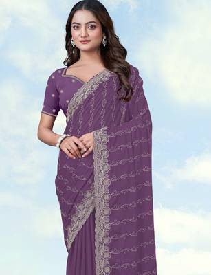 Lavender georgette embroidery work saree with unstitched blouse piece 4