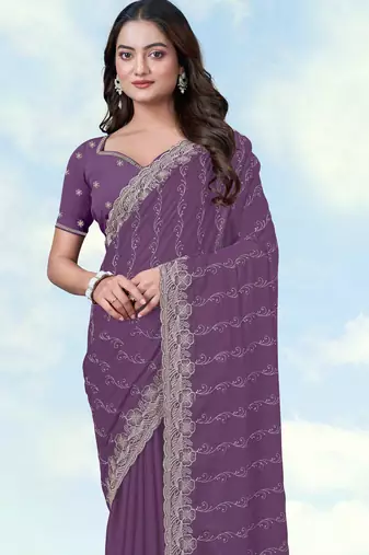 Lavender georgette embroidery work saree with unstitched blouse piece