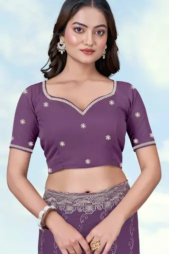 Lavender georgette embroidery work saree with unstitched blouse piece