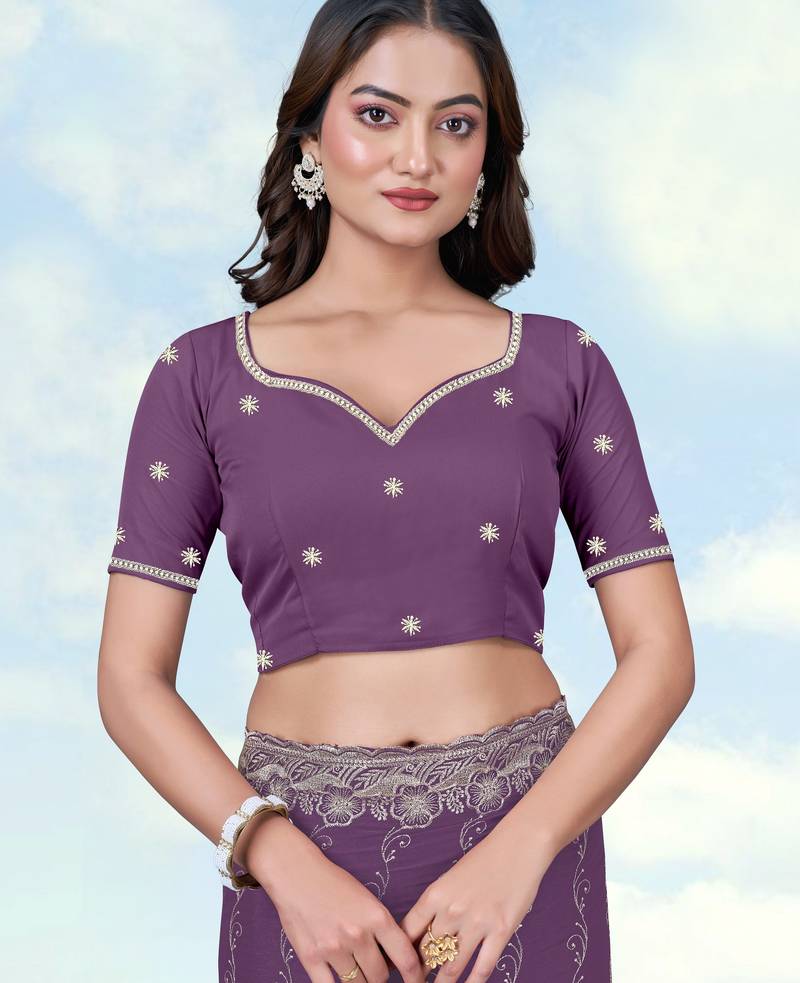 Lavender georgette embroidery work saree with unstitched blouse piece