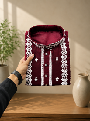 Maroon color embroidery and silver sequence work silk men's kurta payjama set 4