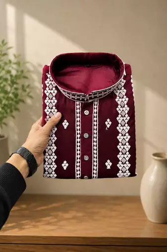 Maroon color embroidery and silver sequence work silk men's kurta payjama set