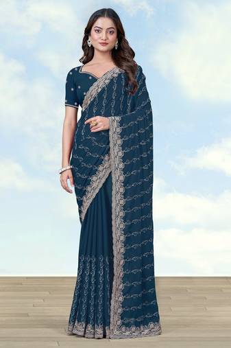 Morpich georgette embroidery work saree with unstitched blouse piece