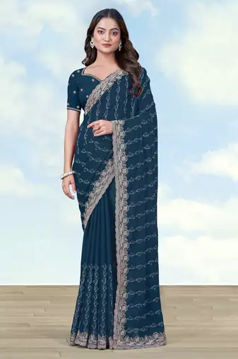 Morpich georgette embroidery work saree with unstitched blouse piece