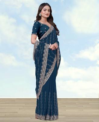 Morpich georgette embroidery work saree with unstitched blouse piece 2