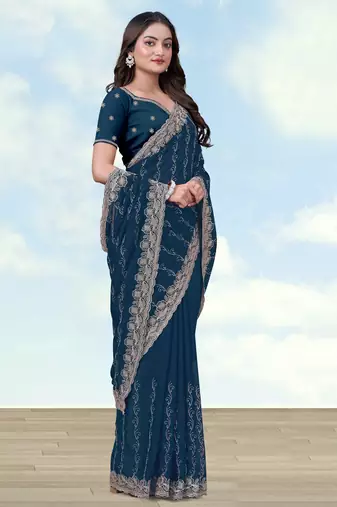 Morpich georgette embroidery work saree with unstitched blouse piece