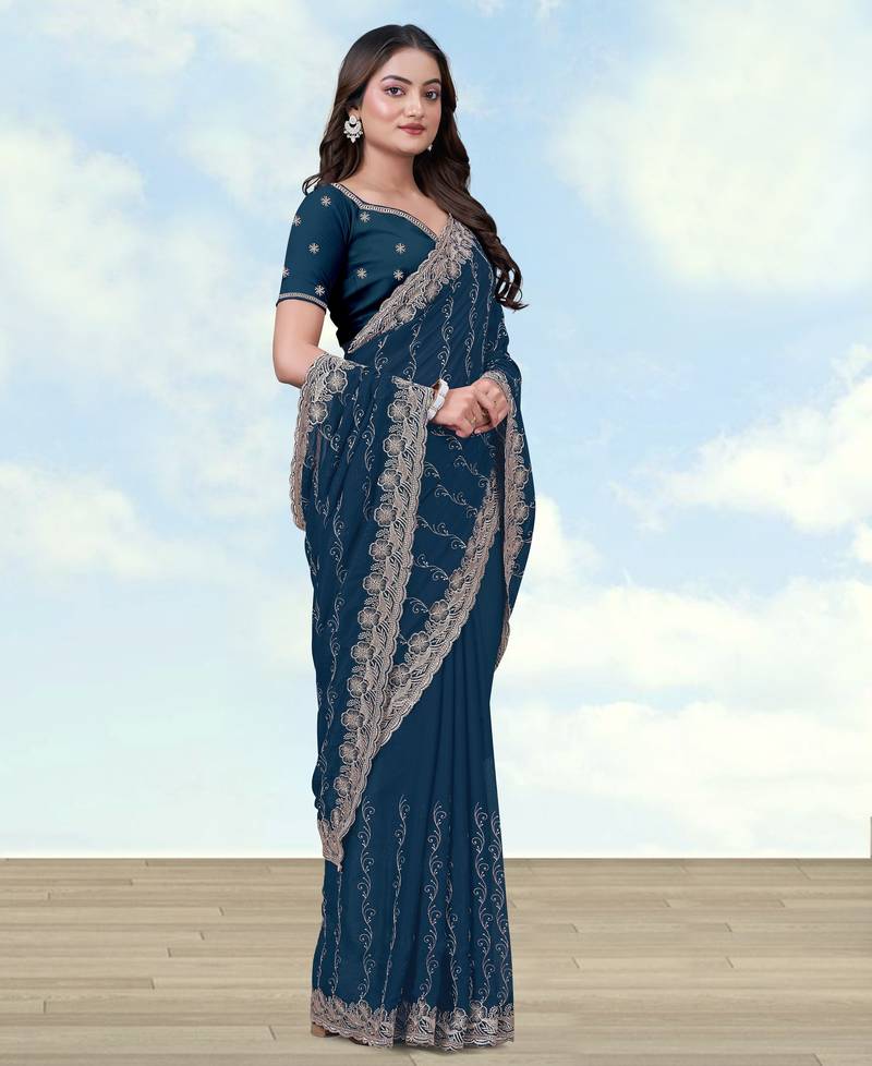 Morpich georgette embroidery work saree with unstitched blouse piece