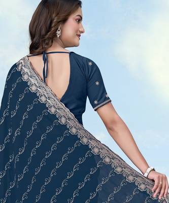 Morpich georgette embroidery work saree with unstitched blouse piece 3