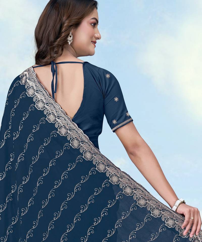 Morpich georgette embroidery work saree with unstitched blouse piece