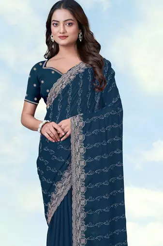 Morpich georgette embroidery work saree with unstitched blouse piece