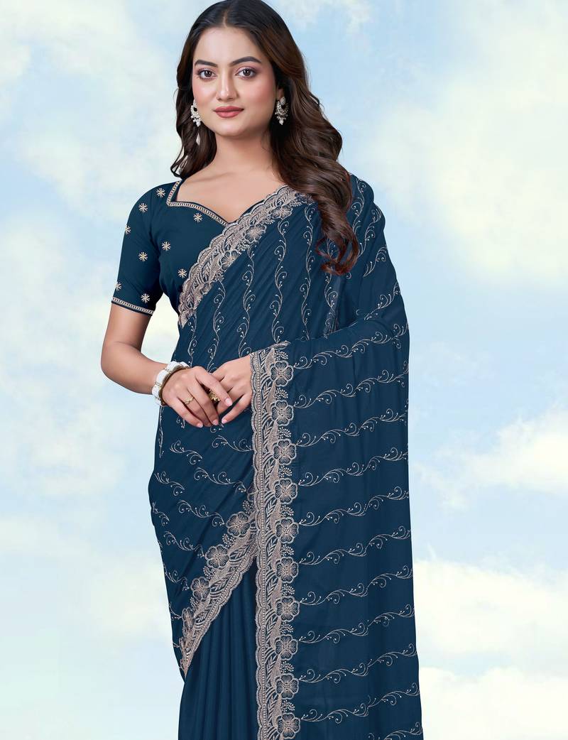 Morpich georgette embroidery work saree with unstitched blouse piece