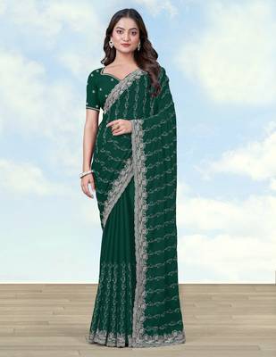 Green georgette embroidery work saree with unstitched blouse piece 1