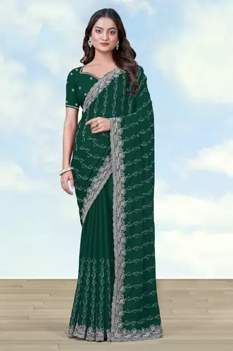Green georgette embroidery work saree with unstitched blouse piece