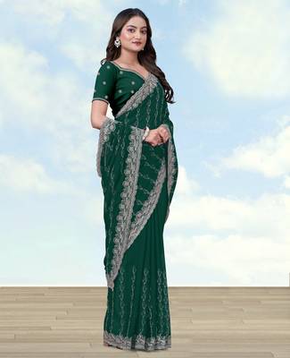 Green georgette embroidery work saree with unstitched blouse piece 2