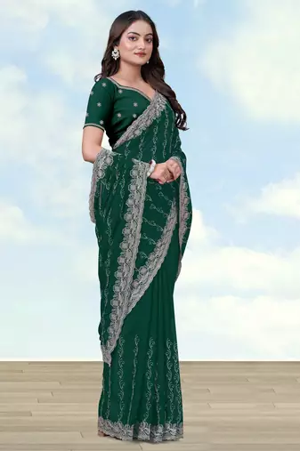 Green georgette embroidery work saree with unstitched blouse piece