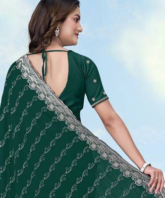 Green georgette embroidery work saree with unstitched blouse piece 3