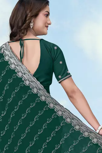 Green georgette embroidery work saree with unstitched blouse piece