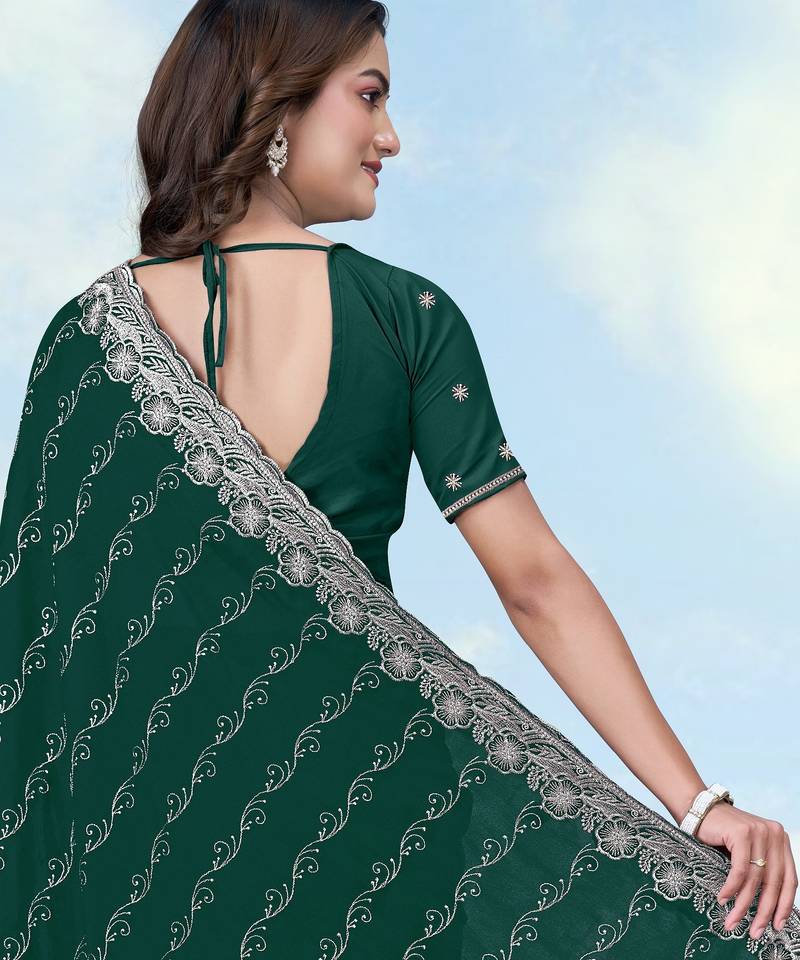 Green georgette embroidery work saree with unstitched blouse piece