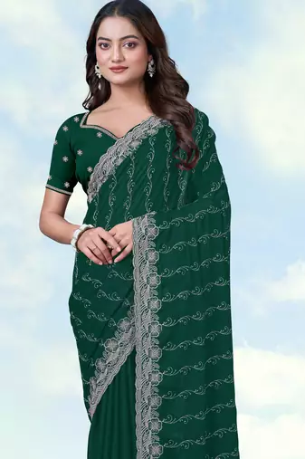Green georgette embroidery work saree with unstitched blouse piece