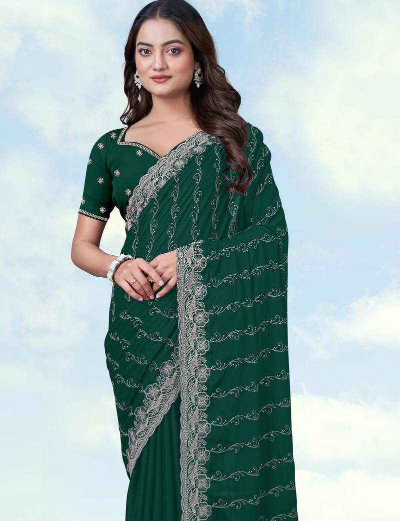 Green georgette embroidery work saree with unstitched blouse piece