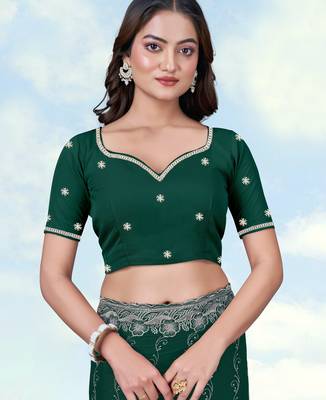 Green georgette embroidery work saree with unstitched blouse piece 5