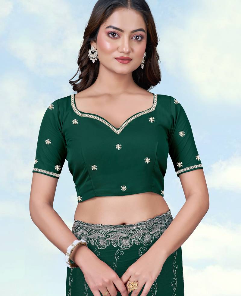 Green georgette embroidery work saree with unstitched blouse piece