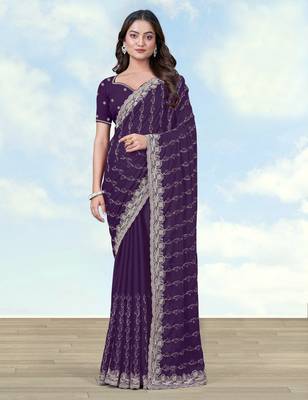 Purple georgette embroidery work saree with unstitched blouse piece 1