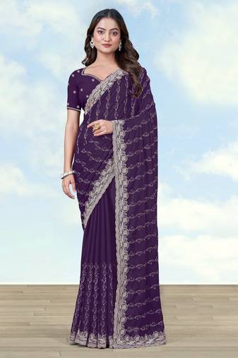 Purple georgette embroidery work saree with unstitched blouse piece