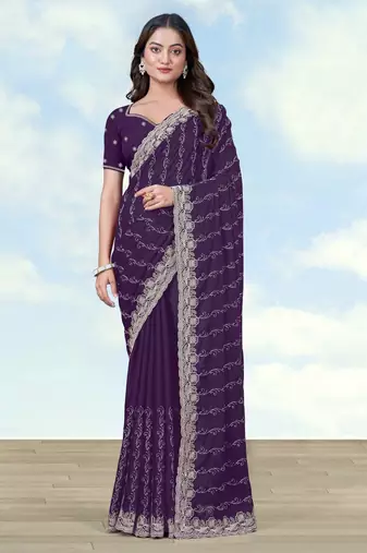 Purple georgette embroidery work saree with unstitched blouse piece