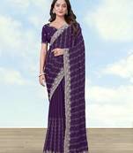 Purple georgette embroidery work saree with unstitched blouse piece