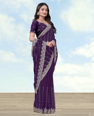 Purple georgette embroidery work saree with unstitched blouse piece 2