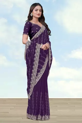 Purple georgette embroidery work saree with unstitched blouse piece