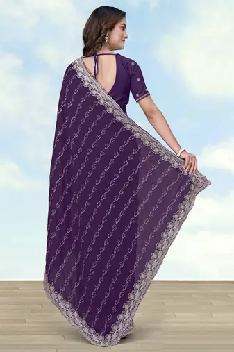 Purple georgette embroidery work saree with unstitched blouse piece