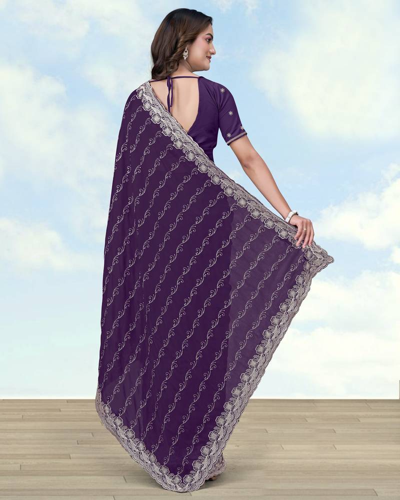 Purple georgette embroidery work saree with unstitched blouse piece