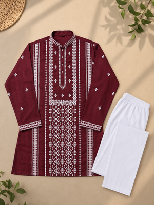 Maroon color embroidery and silver sequence work silk men's kurta payjama set 5