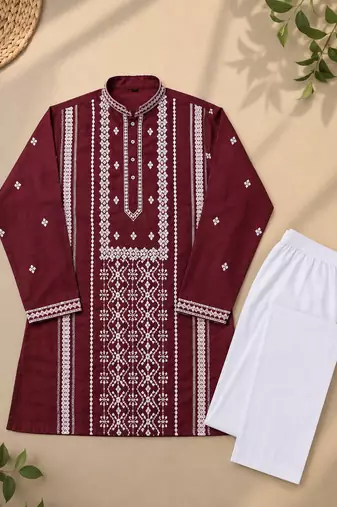 Maroon color embroidery and silver sequence work silk men's kurta payjama set