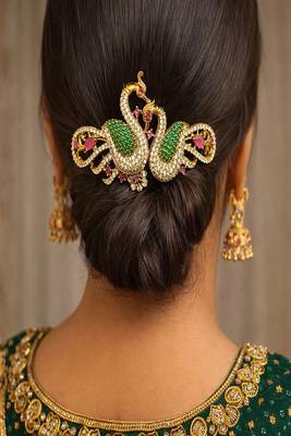 22K Gold Plated Peacock Hair Clip with Kemp Stones – Traditional Indian Bridal Brooch 1