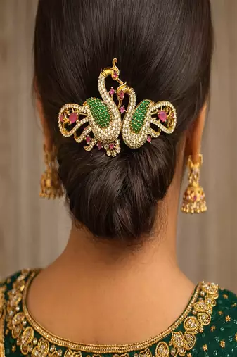 22K Gold Plated Peacock Hair Clip with Kemp Stones – Traditional Indian Bridal Brooch