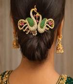 22K Gold Plated Peacock Hair Clip with Kemp Stones – Traditional Indian Bridal Brooch