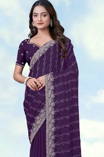 Purple georgette embroidery work saree with unstitched blouse piece