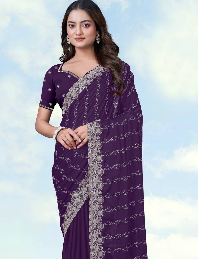 Purple georgette embroidery work saree with unstitched blouse piece