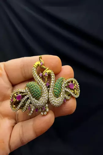 22K Gold Plated Peacock Hair Clip with Kemp Stones – Traditional Indian Bridal Brooch