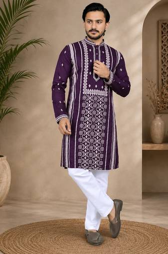Purple color embroidery and silver sequence work silk men's kurta payjama set