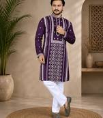 Purple color embroidery and silver sequence work silk men's kurta payjama set