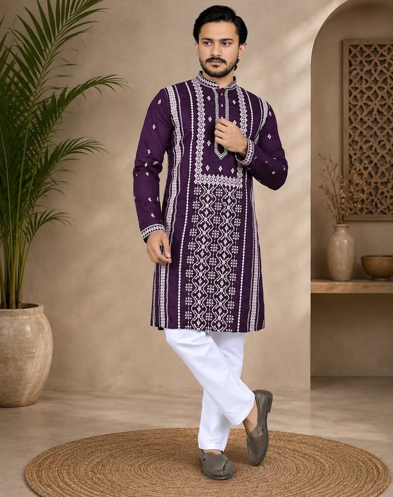 Purple color embroidery and silver sequence work silk men's kurta payjama set