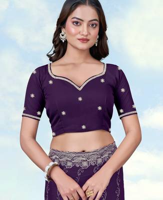 Purple georgette embroidery work saree with unstitched blouse piece 5